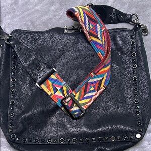 Valentino Black Shoulder Bag with Colorful Geometric Strap